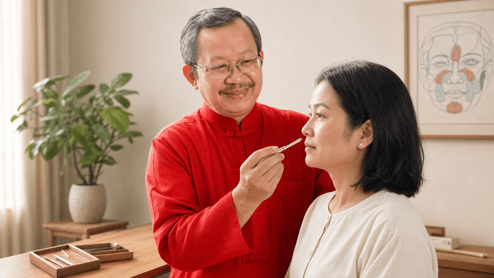Giảng viên hướng dẫn một học viên quan sát thao tác Diện Chẩn